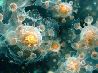Obraz premium Microscopic abstract illustration of biological structures with intricate patterns and glowing elements, resembling cells or viruses in a soft ethereal style