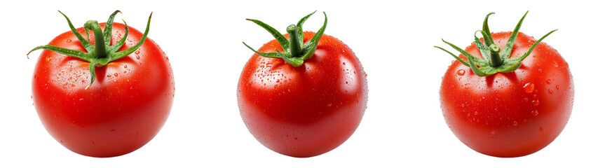 Fresh tomatoes with water droplets isolated on transparent PNG, perfect for healthy recipe illustrations and fresh vegetable ads
