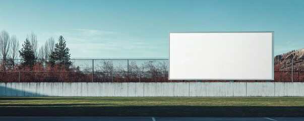 Obraz premium Minimalist white billboard on stadium wall surrounded by trees and grass, creating serene and open atmosphere. clear sky enhances simplicity of scene