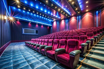 Naklejka premium Empty Panoramic Cinema Hall with Velvet Chairs and Big Screen - Ideal for Movie Theater Concepts
