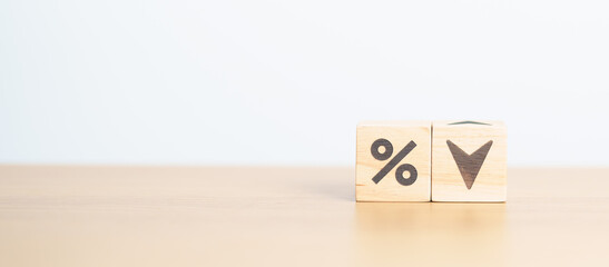 wood block of percentage change to UP and Down arrow. Interest rate, GDP, stocks market, financial, deflation and Inflation, ranking, mortgage, debt, Loan and Economic Recession concept