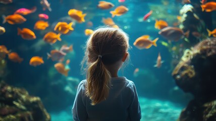 Kid enjoy learning sea life in fish tank at Underwater Zoo Aquarium,kid woman touches a fish in an oceanarium tunnel,visitor in the aquarium looking at the fish through the glass.