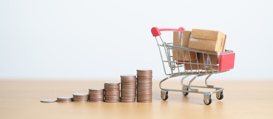 Boxes with shopping cart and money coins stack. online shopping, Marketplace platform website,...
