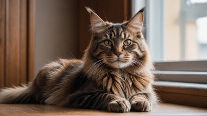 Brown maine coon cat laying on the floor indoor