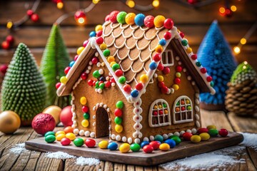 Gingerbread house with christmas trees and lights on wooden table happy holidays