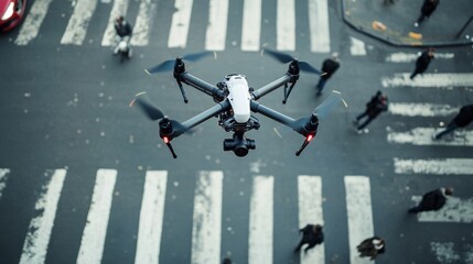 Obraz premium Overhead aerial view of a police drone monitoring a busy intersection and crosswalk from above