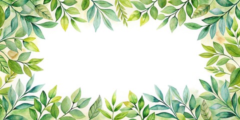 Watercolor leafy frame border on empty page with white background from low angle view