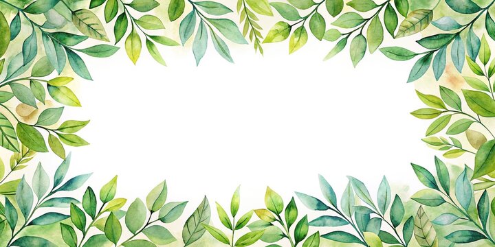 Watercolor leafy frame border on empty page with white background from low angle view
