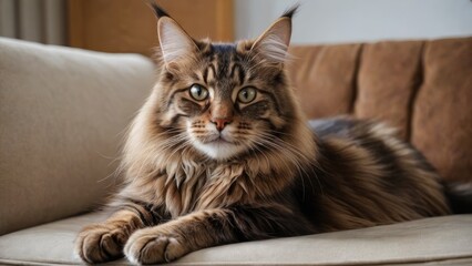Obraz premium Brown maine coon cat lying on sofa at home