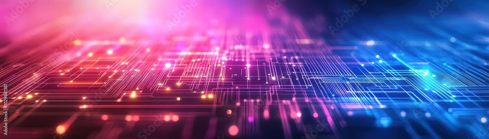 Poster metallic circuit lines, glowing neon, futuristic tech grid, abstract technology design