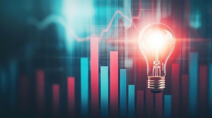 Light bulb shining above bar graph growth, close up, focus on, copy space, bold red and blue shades, Double exposure silhouette with business progress