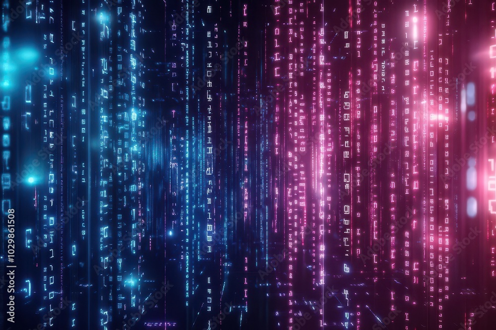 Poster Holographic binary code, futuristic matrix, neonlit cyber environment