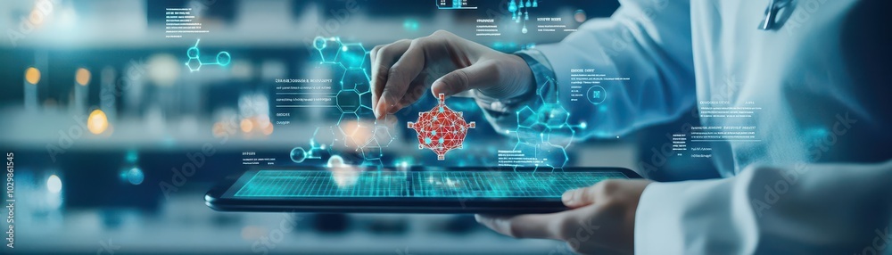 Poster Holographic tablet display showing a 3D model of a drug compound, with a scientist manipulating the model in midair, surrounded by floating data on chemical properties
