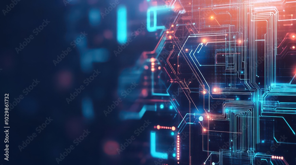 Poster glowing circuit board, abstract tech design, floating digital pathways, futuristic background