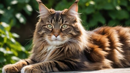Brown maine coon cat lying outside in the garden