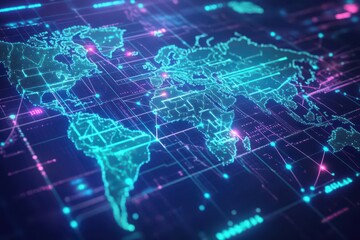 Obraz premium Global digital map with interconnected nodes, displaying bright blue lines connecting continents, futuristic, network grid, isometric 3D, neon blue and green lighting
