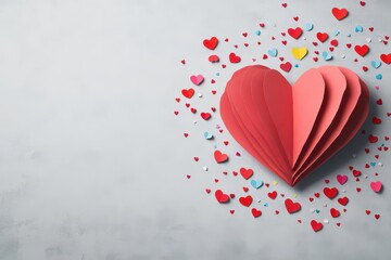 Giant paper heart, surrounded by tiny confetti hearts, 3D illustration