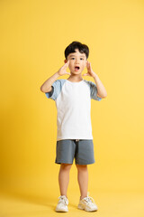 Full body image of asian kid boy wearing summer clothes posing on yellow background