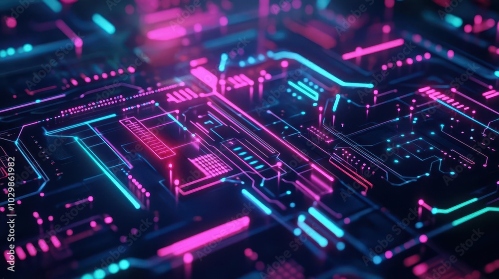 Poster futuristic circuit board, glowing neon patterns, abstract digital grid, dark tech background