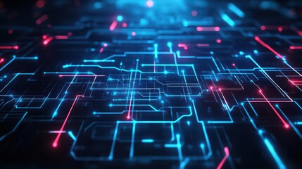 Fototapeta premium Futuristic circuit pathways, glowing holographic wires, abstract digital grid, dark tones