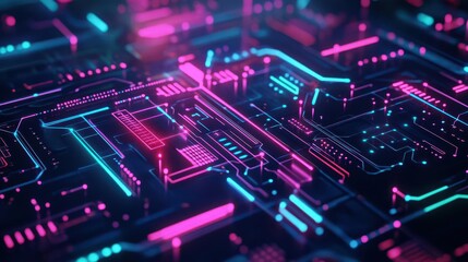 Obraz premium Futuristic circuit board, glowing neon patterns, abstract digital grid, dark tech background