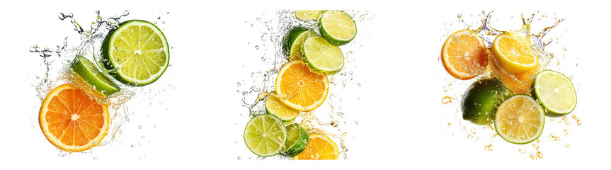 Citrus slices including lime, lemon, and orange isolated on transparent PNG, perfect for drink garnishes and recipe illustrations