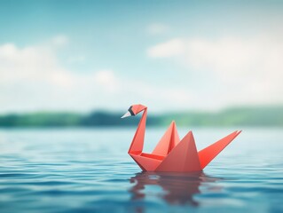 Elegant paper swan, floating on water, 3D illustration