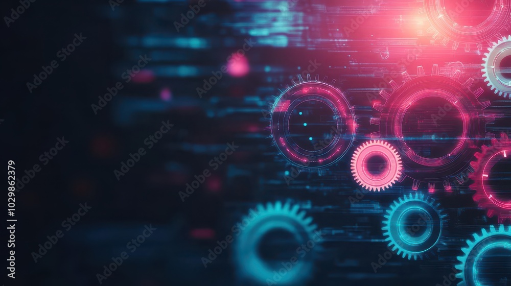 Poster Curved gears, futuristic neon light, dynamic abstract background, sleek mechanical flow
