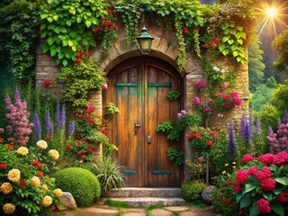 Fototapeta premium Enchanted Wooden Door Surrounded by Climbing Plants in a Whimsical Landscape for Fantasy Illustrations