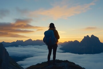 Fototapeta premium A girl with a backpack standing on top of the mountain, overlooking the valley below filled with fog at sunrise, concept of tourism, outdoor activities, hiking