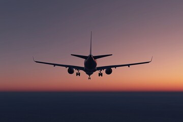 passenger plane flying in the sky at sunset, with orange and purple colors, a simple background, concept of free and open world, travel and passenger transport