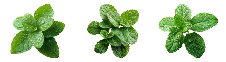Mint leaves with water droplets isolated on transparent PNG, great for garnish illustrations and health-focused recipe cards