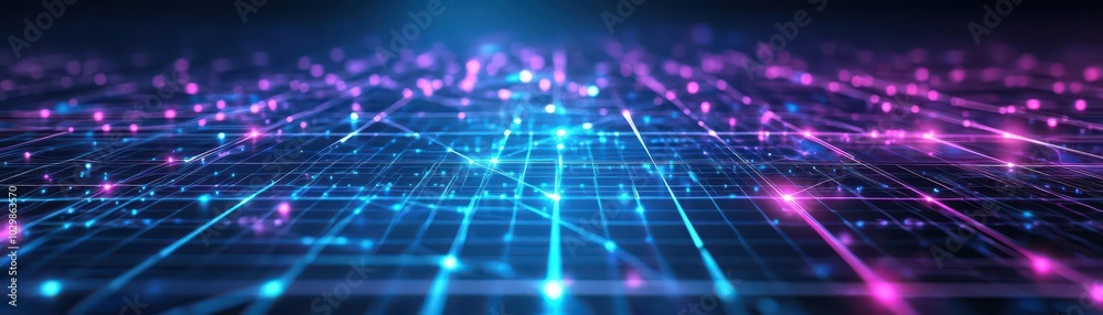 Poster a virtual grid with intersecting glowing lines, representing a digital highway of data, abstract fut