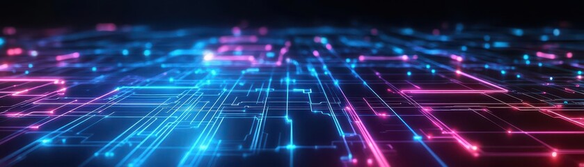 Obraz premium Abstract circuit paths, neon tech glow, futuristic technology grid, dark tones