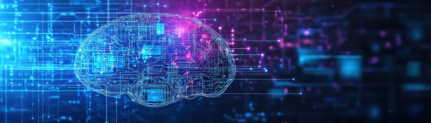 Obraz premium Abstract AI brain hologram with circuit lines extending to floating screens, futuristic, hightech, blue and purple tones, holographic glow, AI connections