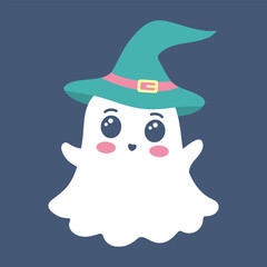 Cute ghost in hat. Spooky funny Halloween character. Vector flat hand drawn illustration.