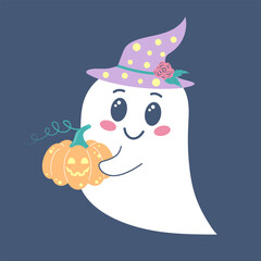 Cute ghost in hat holding pumpkin. Spooky funny Halloween character. Vector flat hand drawn illustration.