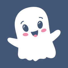 Cute happy ghost. Spooky funny Halloween character. Vector flat hand drawn illustration.