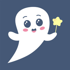 Cute ghost with star lollipop. Spooky funny Halloween character. Vector flat hand drawn illustration.