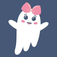 Cute girl ghost with bow. Spooky funny Halloween character. Vector flat hand drawn illustration.