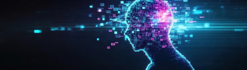 A person s silhouette breaking into pixels, representing mental breakdown, glitch art style, vibrant neon blue and purple hues, dark background