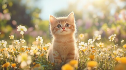 Persian kitten in the garden. Creative pet concept with flowers, cheerful cute cat posing for studio photo