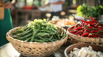 Fototapeta premium Fresh long beans and vibrant red chilies are beautifully arranged in woven baskets at bustling market, showcasing rich colors and textures of fresh produce