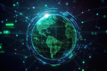 A holographic globe surrounded by digital connections, data lines flowing to different points, futuristic infographic, neon green and blue glow, wireframe details
