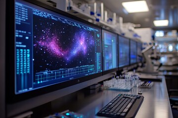 A laboratory workspace with computer monitors displaying a nebula image.