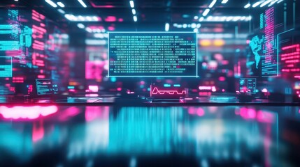 Obraz premium A futuristic AIcontrolled office filled with traps made of digital code, set for entrepreneurs who dont adapt to technology, vibrant neon lights, high contrast