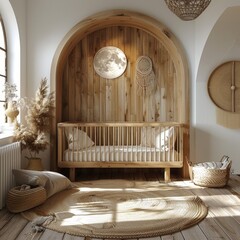 A minimalistic design nursery room with wooden furniture.