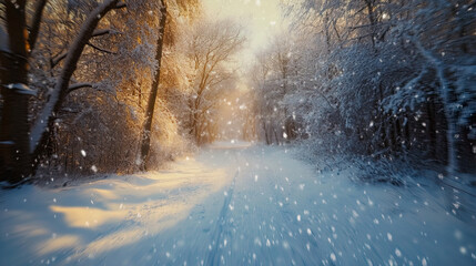 Obraz premium Winter forest landscape, photo, Snowflakes over frozen tree trunks of forest, Magical Christmas landscape