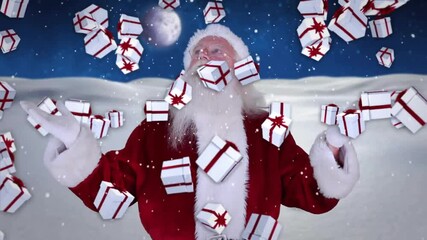 Santa Claus surrounded by falling gift boxes animation over snowy landscape - Powered by Adobe