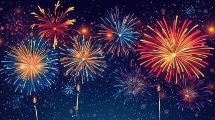 Fototapeta premium Happy 2025 on New Year background with fireworks,Celebration New Year's Eve,Golden fireworks on dark night sky,Design for posters, banners greeting cards,Template for media post,copy space.